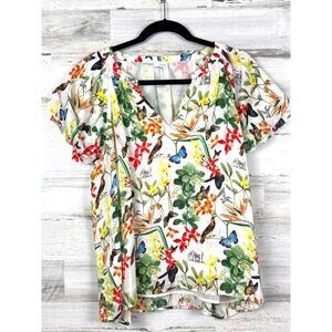 Ecru Womens XL Multicolor Floral Butterfly Blouse Lightweight Top Pullover NEW
